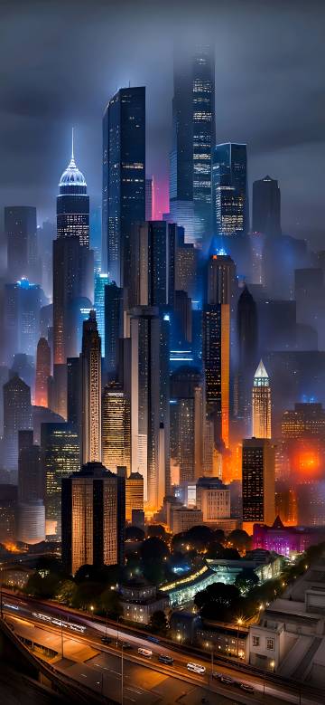 Neon Lit Skyscrapers in Fog 4K Wallpaper