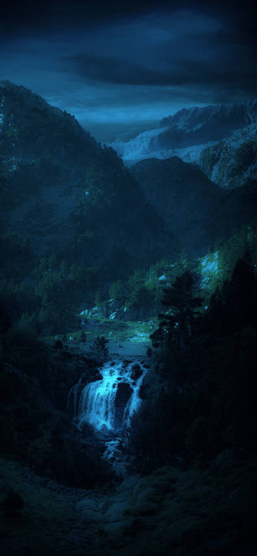 Blue Waterfall in a Dark Mountain Valley 4K Phone Wallpaper
