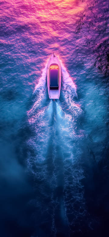 Neon Lights on a Boat Sailing at Sunset 4K Wallpaper