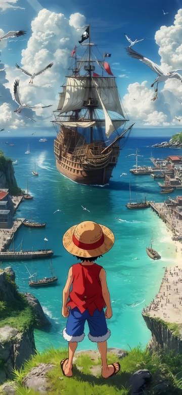 Luffy stands on a high place overlooking the pirate ship