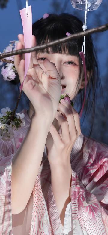 Aesthetic Girl in Pink Kimono With Cherry Blossoms Wallpaper