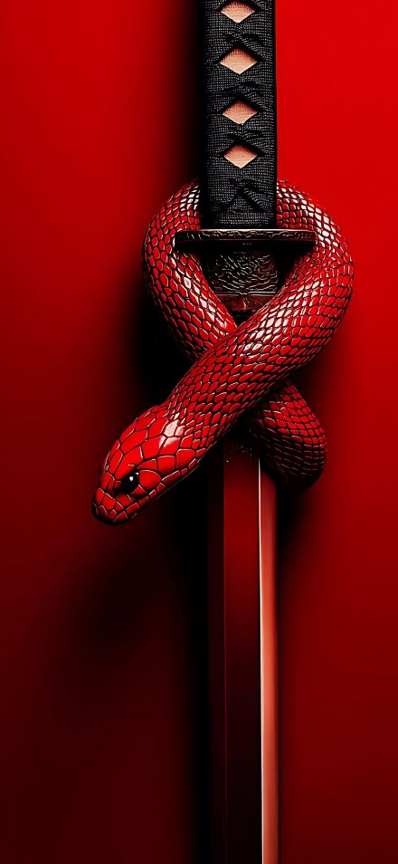Red Snake Coiled On A Black Katana Hilt 4K Wallpaper
