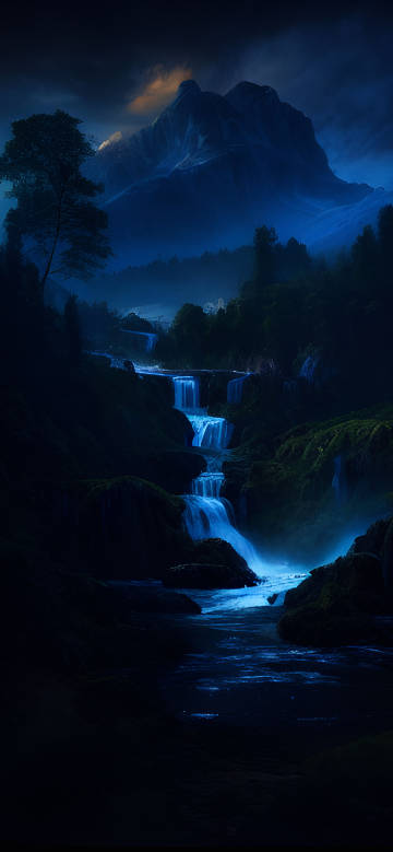Mystical Waterfall in the Blue Forest at Night