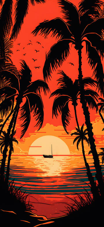 Tropical Sunset with Silhouetted Palm Trees and Boat Wallpaper 7K