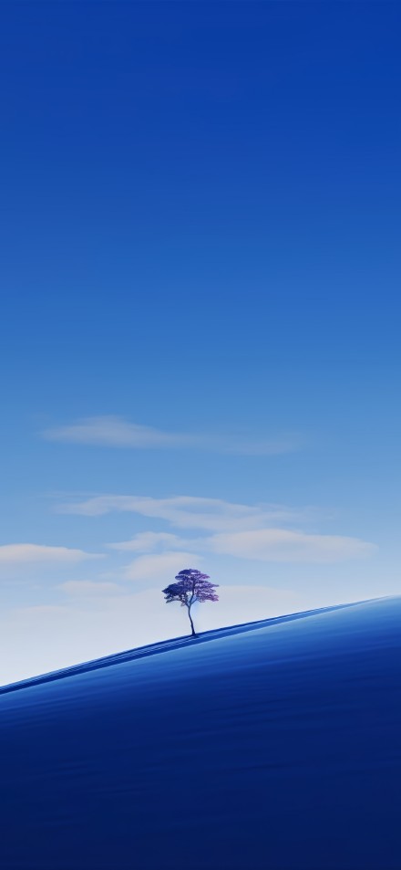 Lonely Tree on a Blue Slope Minimalism Wallpaper
