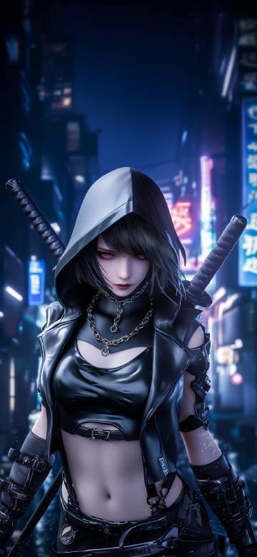 Fierce Cyberpunk Assassin with Swords in Neon City 4K Wallpaper