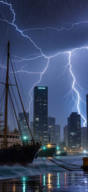 Lightning illuminates the city skyline on a rainy night 4K Wallpaper