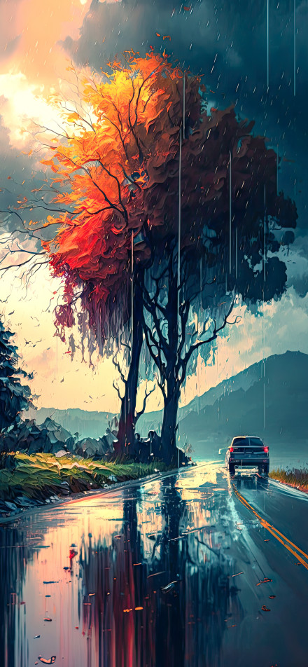 Rainy Road with Red Tree 4K illustration Phone Wallpaper