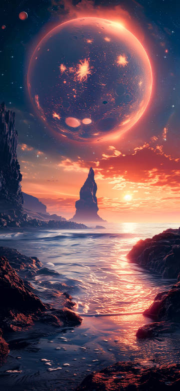 Massive Red Planet Rising Over Ocean 4K Wallpaper