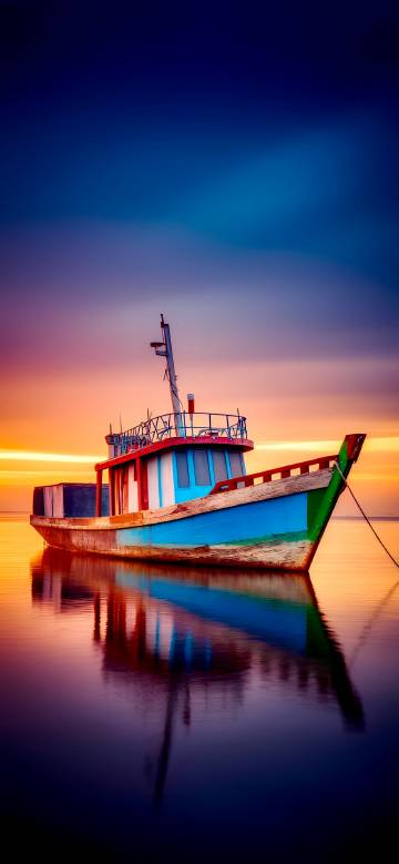 Colorful Fishing Boat on Calm Still Water 4K Wallpaper