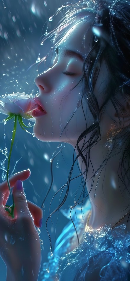Girl with a White Rose in the Rain 4K Phone Wallpaper