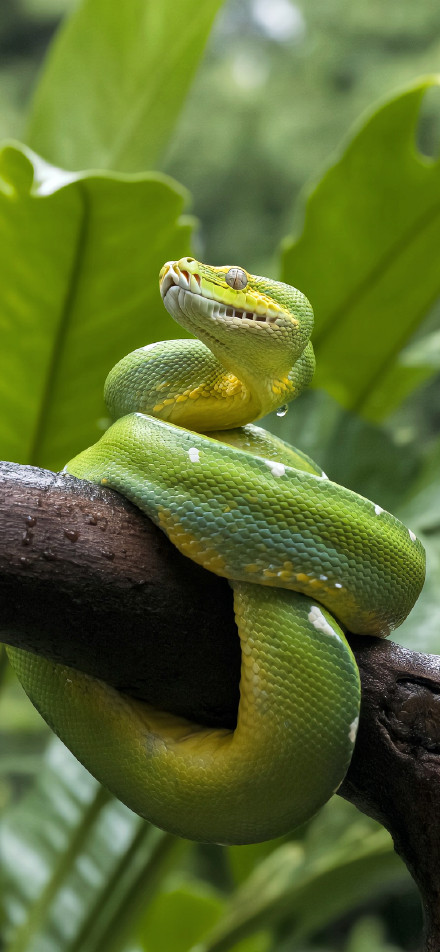 A green anaconda coiled in a tree phone wallpaper