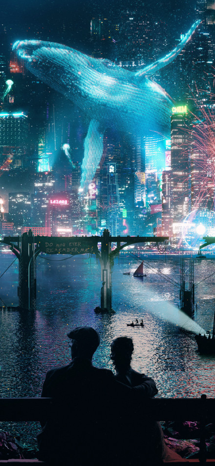 Cyberpunk Hologram Whale Cityscape Wallpaper 4K