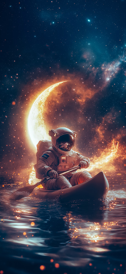 Astronaut Rowing In Cosmic Ocean With Giant Moon
