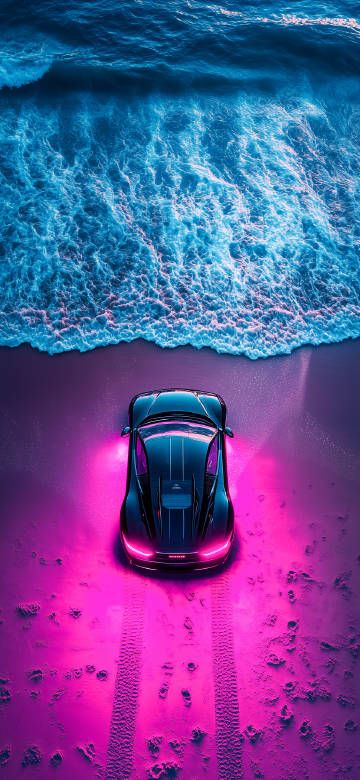 Futuristic Black Car with Pink Lights on the Beach Wallpaper 4K