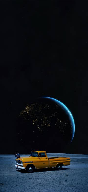 Yellow Truck Under Starry Sky and Earth View 4K Phone Wallpaper