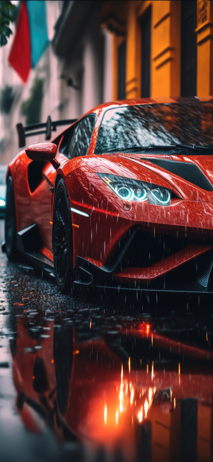 Close-up of Red Sports Car Under Rain 4K Phone Wallpaper