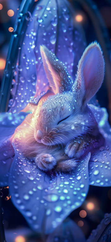 Cute Sleeping Rabbit in Dewy Flower 4K UHD Wallpaper