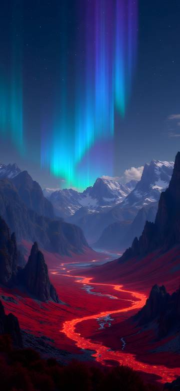 Aurora Over Red Lava River Valley 4K Phone Wallpaper