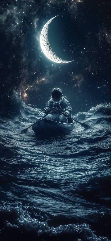 Surreal Astronaut Rowing Boat In Space Ocean 4K