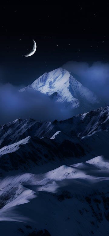 Snowy Mountain Under Crescent Moon 4K Phone Wallpaper