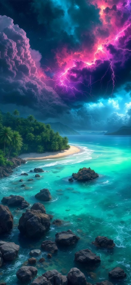 Surreal Lightning Sky and Tropical Shore Phone Wallpaper