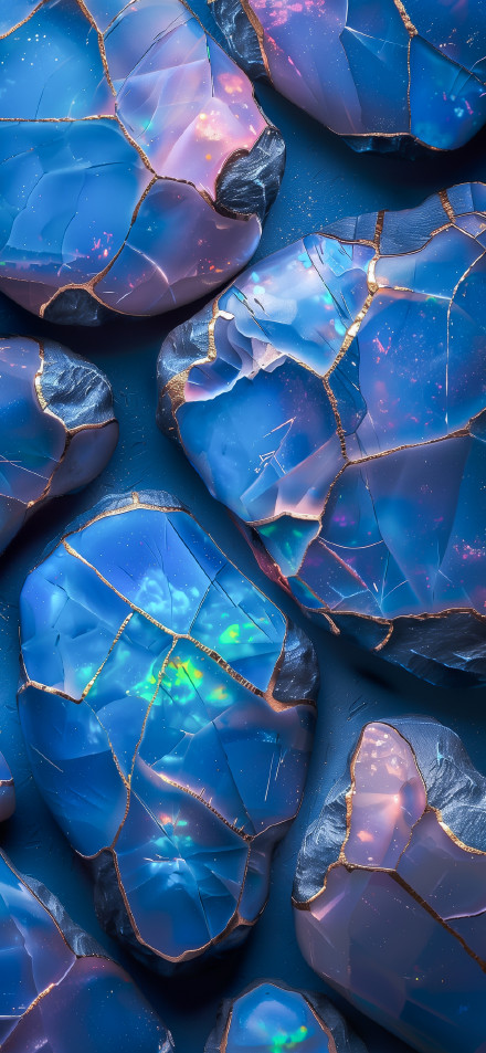 Glowing Opal Stones with Golden Cracks 4K UHD Wallpaper