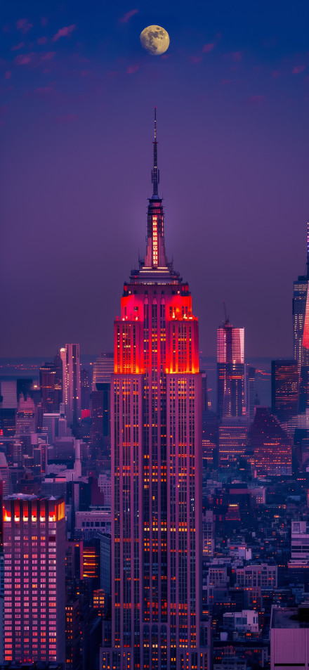 Stunning Night Scene of Empire State Building and Moon 4K UHD Wallpaper