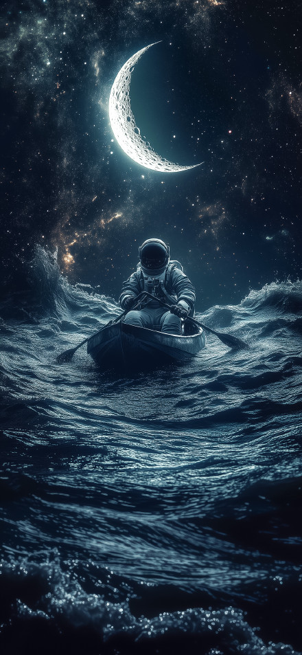 Surreal Astronaut Rowing Boat In Space Ocean 4K
