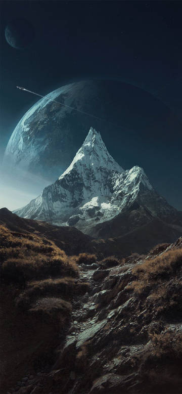 Huge planet and flying airplanes on snowy mountains phone wallpaper