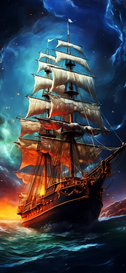 Majestic Fantasy Pirate Ship Sunset 4K Wallpaper