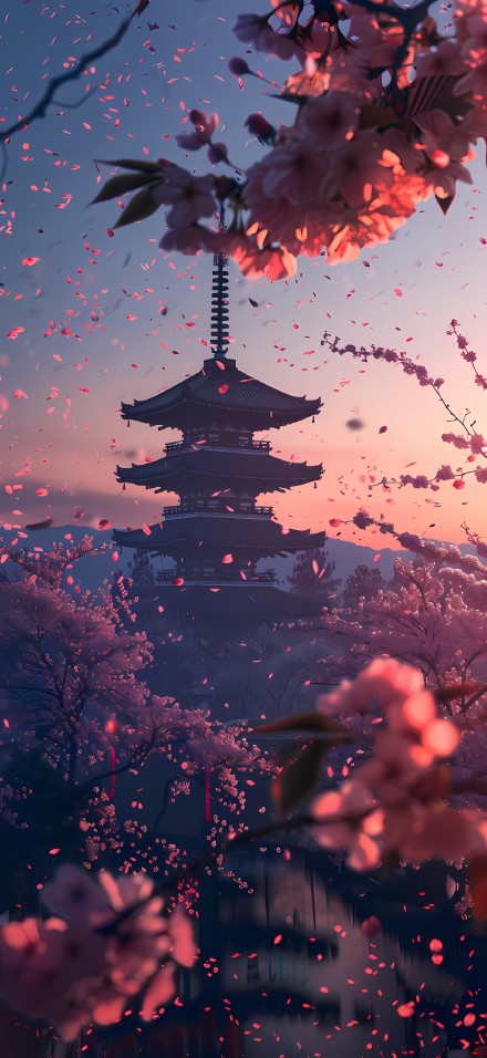 Cherry Blossom Petals Floating in the Air at Sunset 4K Wallpaper