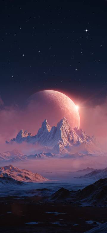 Sci Fi Planet Behind Mountains Phone Wallpaper