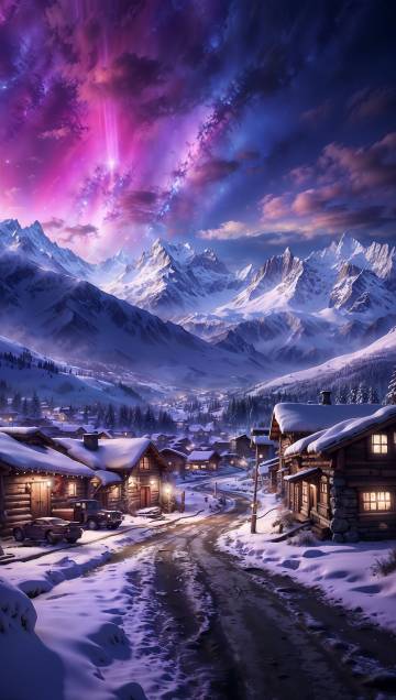 A Snowy Mountain Village Under a Purple Galaxy 4K Wallpaper