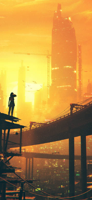 Cyberpunk Sunset Mega City Girl wallpaper
