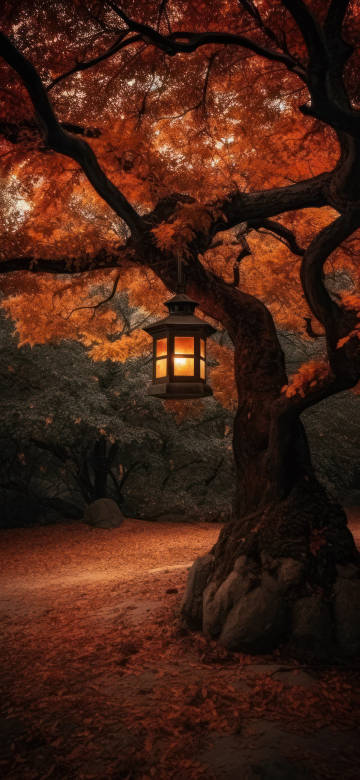 Glowing Lantern Hanging from Autumn Maple Tree 4K Phone Wallpaper