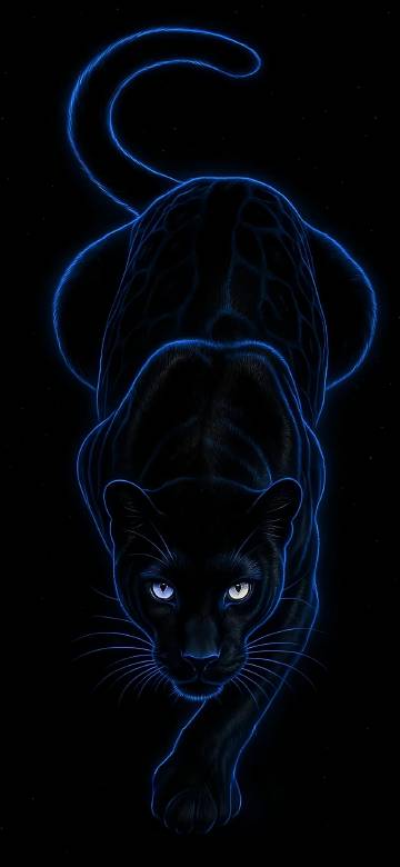 Cool Black Panther with Blue Neon Border 4K Phone Wallpaper