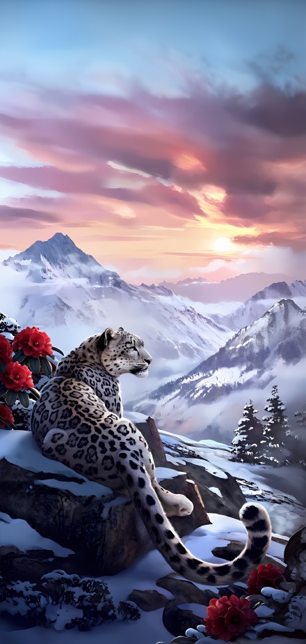 A Leopard Resting on a Snow-Capped Mountain at Sunset 4K Wallpaper