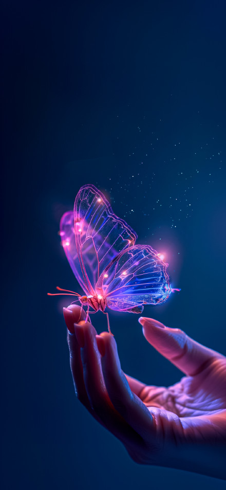 Glowing Neon Butterfly Resting On Hand 4K Wallpaper
