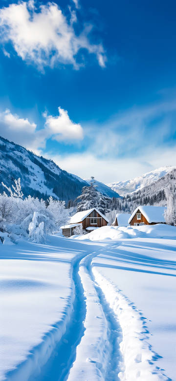 Sunny Winter Landscape With Snow Covered Cabins 4K Wallpaper