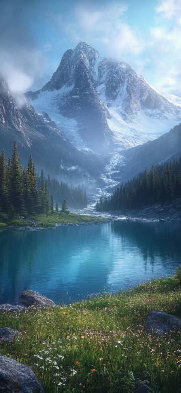 Serene lake in mountains and forests phone wallpaper