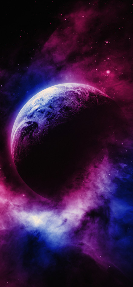 A planet surrounded by vibrant purple and blue nebulae phone wallpaper