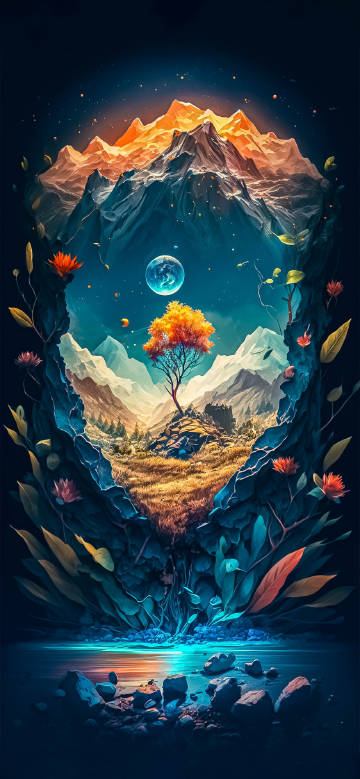 Fantasy Landscape Under Blue Moon 4K Phone Wallpaper