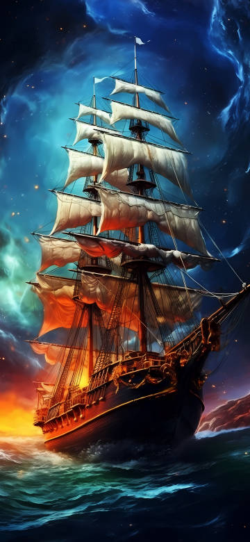 Majestic Fantasy Pirate Ship Sunset 4K Wallpaper