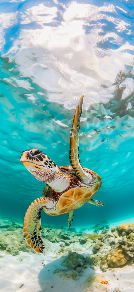 Sea Turtle Swimming in Clear Blue Ocean 4K Wallpaper