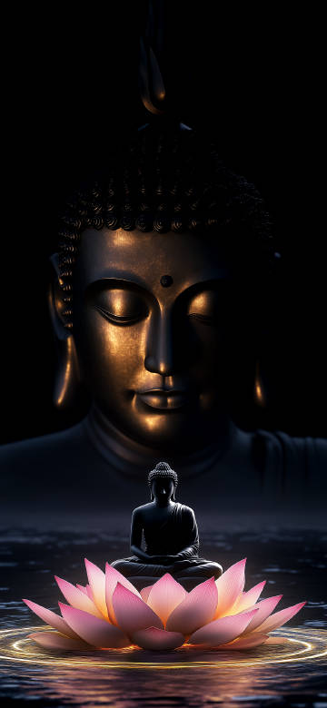 Golden Buddha Face With Glowing Pink Lotus 4K Wallpaper