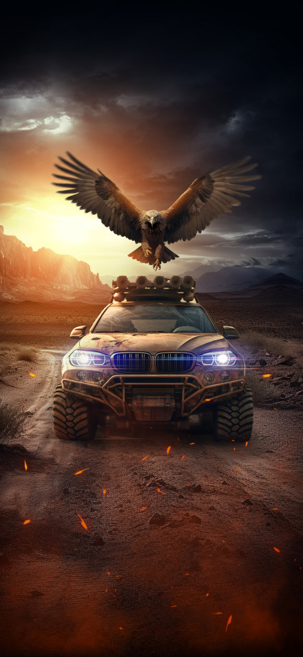Rugged Off-Road BMW SUV With Eagle At Sunset Wallpaper 4K