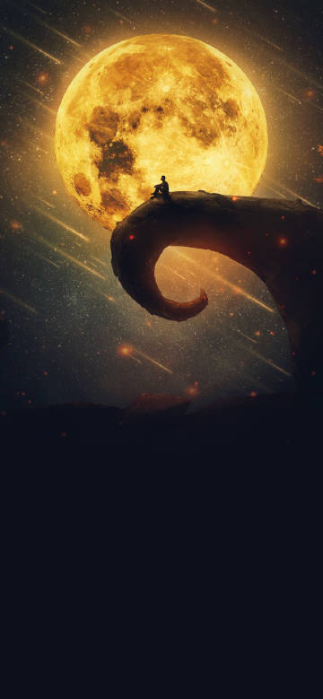 Lone Person Sitting Under A Giant Golden Moon HD Wallpaper