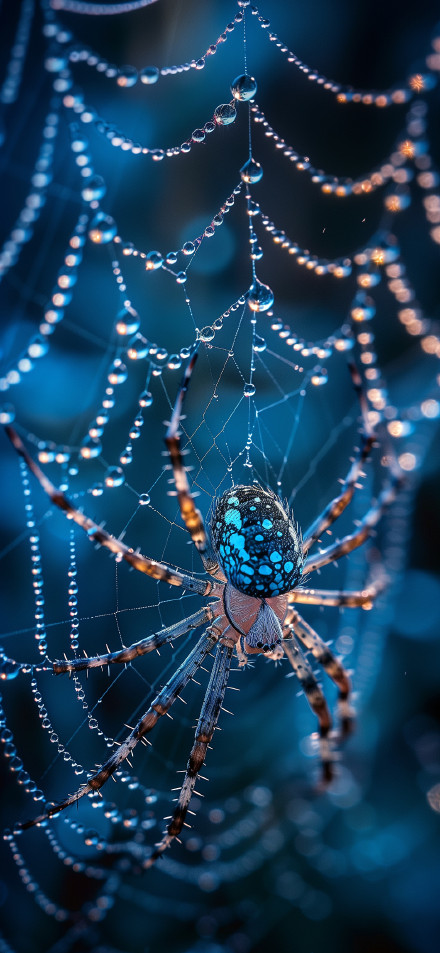 Close-Up of Spider with Dew Drops in Its Web