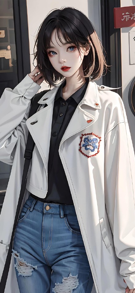 Cool Girl with Short Hair and White Jacket Phone Wallpaper